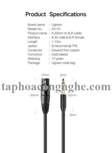 Ugreen 20720 3M màu Đen Cáp âm thanh 6.5mm sang Canon âm AV131 30020720